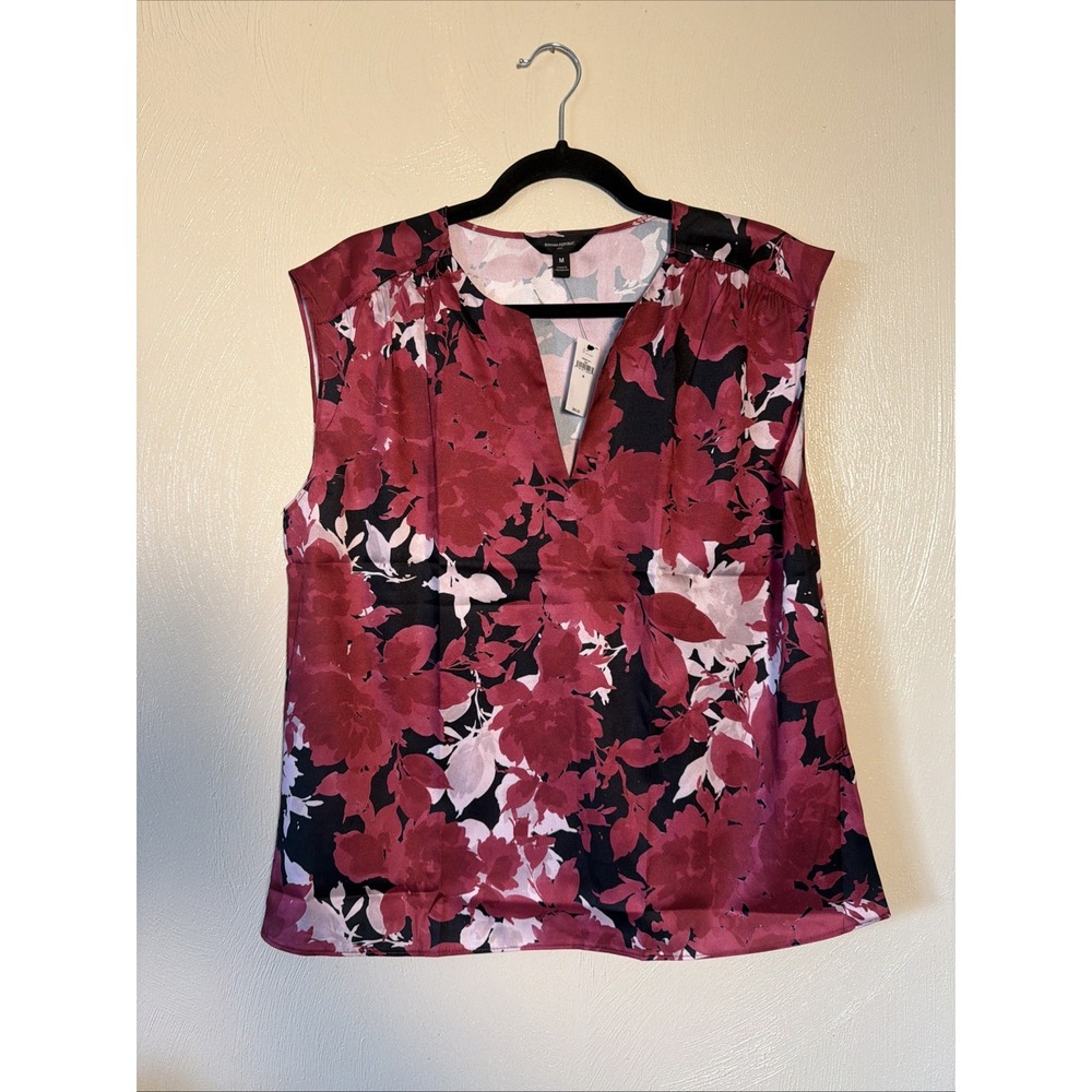 Banana Republic Blouse Floral Satin Medium Burgundy V-Neck Sleeveless Shell NWT